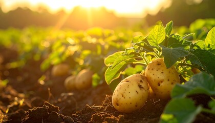 Potatoes growing in field at sunset