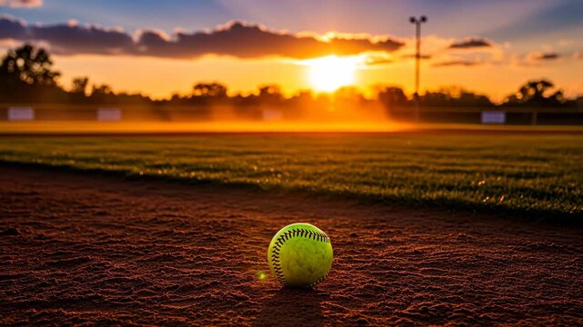 Softball Sunset at Field - A softball rests on the infield dirt of a baseball field as the sun sets in the background, casting a warm golden light.