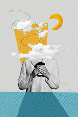 Trend vertical artwork 3d photo collage of anonym headless girl hold coffee cup moon planet drink...