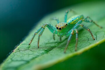 Close-up Green Jumping Spider on Leaf in Natural Environment