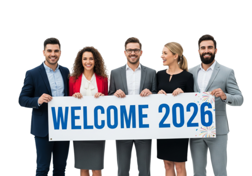Business Team Holding “WELCOME 2026” Banner with Confetti Accents on White Background