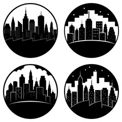 Obraz premium Four circular cityscapes showcasing various skyline silhouettes with different atmospheric conditions