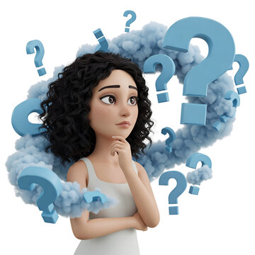 3D Female Character in Thoughtful Pose Surrounded by Blue Question Marks