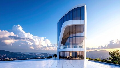 Modern curved glass building with white facade under a blue sky and clouds, overlooking mountains.