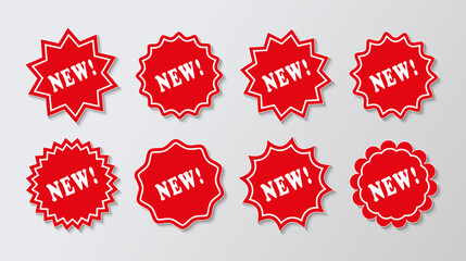 Red label new product. New arrival price stickers. Star burst tags. Vector. Discount promo stamp. Circle, round splash badge. Set starburst shapes isolated on white background.