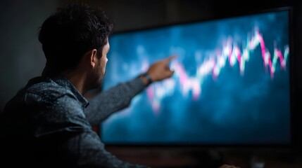Man pointing at a dynamic market candlestick chart on a computer monitor