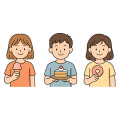 Joyful children celebrating with sweet treats, a little girl holding ice cream, a boy with a slice of cake, and a girl with a donut, in a festive and happy atmosphere
