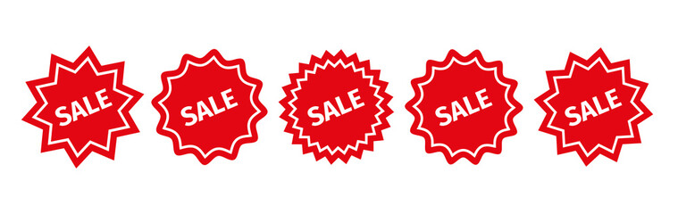 Sale price stickers, splash badges. Set discount promo stamps. Star burst boxes. Red tag product labels. Starburst shapes isolated on white background. Vector illustration.