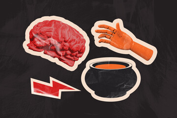 Creative artwork template sketch image 3D collage of silhouette brain pot potion hand wooden toy mystery magician dark halloween party