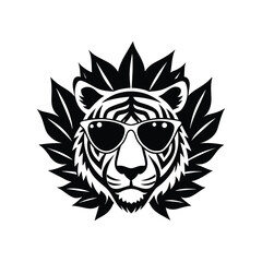 Tiger Head Silhouette With Tribal Crown Of Leaves Vector Art Illustration