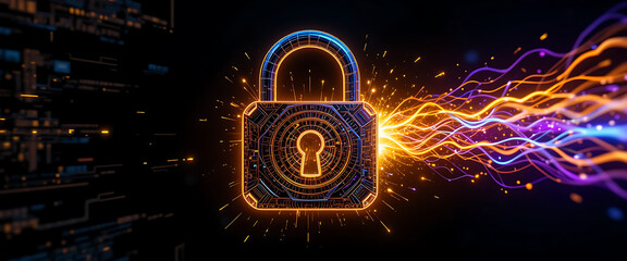 Abstract lock with spiraling 4D layers, neon gold highlights, black cyber background, striking golden flacks of light flowing from the right corner,