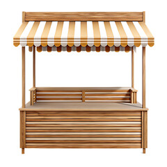 Empty Wooden Market Stall with Orange and White Striped Awning kiosk booth isolated on a transparent background