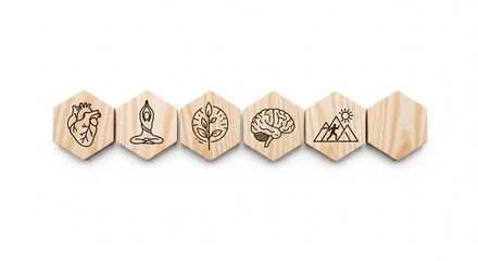 Wellness Hexagon Blocks with Yoga and Brain Care Icons Isolated on White