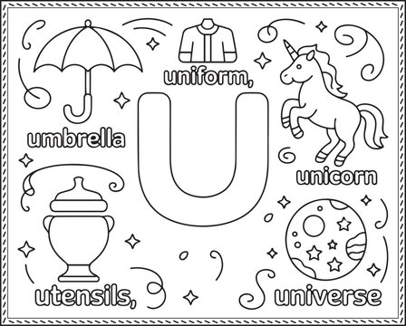 Alphabet letter art U with cute umbrella, utensils, universe, unicorn and uniform black line art vector illustration for children fun and learn coloring page