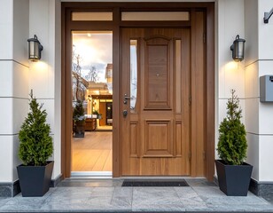 Modern home entrance with a wooden door