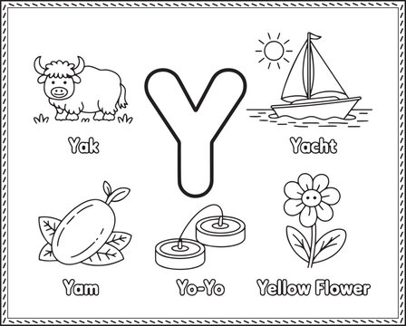 Alphabet letter art Y with cute yak, yam, yo-yo, yellow flower and yacht black line art vector illustration for children fun and learn coloring page