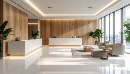 A modern and spacious hotel or office lobby featuring two marble reception desks, a comfortable waiting area with armchairs, large windows, and lush green plants.