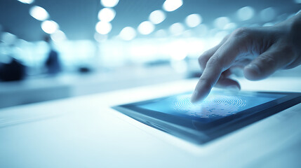 Hand interacting with a touch-sensitive digital display in a modern, illuminated environment