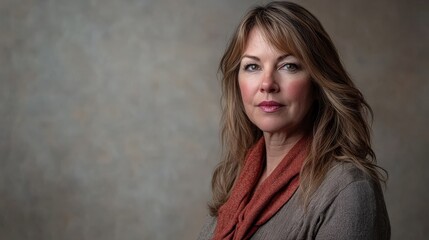 Portrait of a Confident Woman with Long Hair and Warm Scarf Against a Soft Background