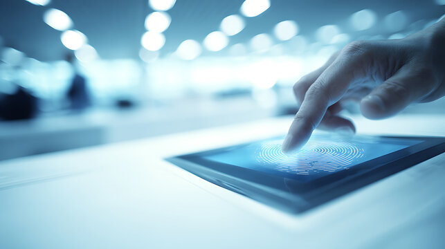 Hand interacting with a touch-sensitive digital display in a modern, illuminated environment