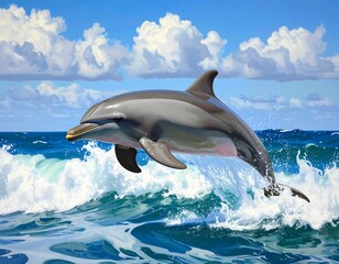 Fototapeta premium A dolphin leaps gracefully from ocean waves under a bright, cloudy sky.