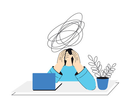 Mental Health with Woman Character with Psychological Disorder Sit at Table Vector Illustration