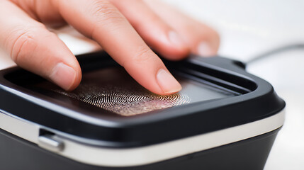 Close-up of a hand placing a finger on a fingerprint scanner for biometric authentication