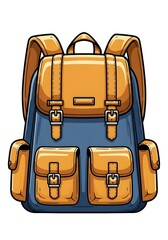 Blue and tan canvas backpack with multiple pockets, isolated on white background 4k video