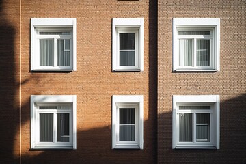Sunlight Illuminates Six Windows on Brick Wall