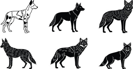 Stylized canine illustrations — six artistic designs showing posture, fur texture, and detailing across smooth, realistic, and patterned dog forms