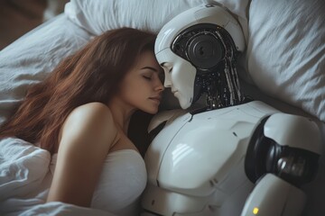 Woman making love in bed with futuristic robot