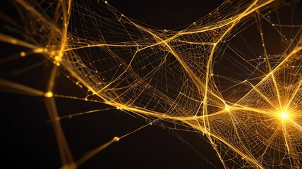 Glowing interconnected network of abstract golden lines and nodes on black background, representing data, technology, or neural pathways.