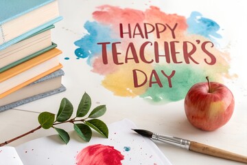 Happy Teacher's Day message with books, apple and art supplies education learning