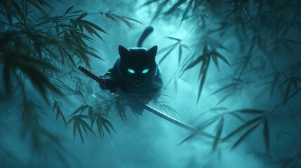 Black Ninja Cat with Glowing Eyes in Bamboo Forest