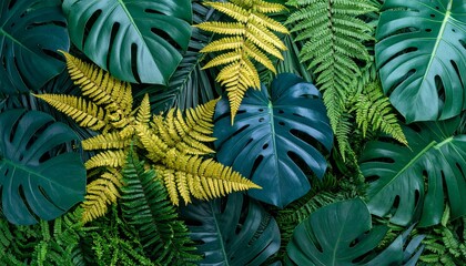 Lush botanical botanical pattern of tropical leaves and ferns, saturated and studio-lit