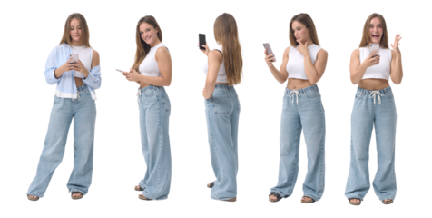 Young Blonde Woman With Smartphone In Various Casual Poses