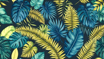 Lush botanical botanical pattern of tropical leaves and ferns, saturated and studio-lit