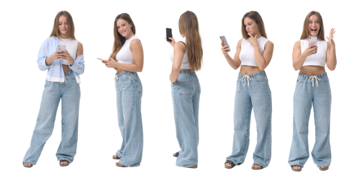 Young Blonde Woman With Smartphone In Various Casual Poses