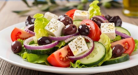 A vibrant Greek salad, showcasing a medley of fresh vegetables, olives, and feta cheese, displayed artfully on a white plate.