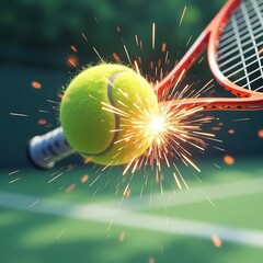 Tennis ball impact, sparks flying, intense action on court.