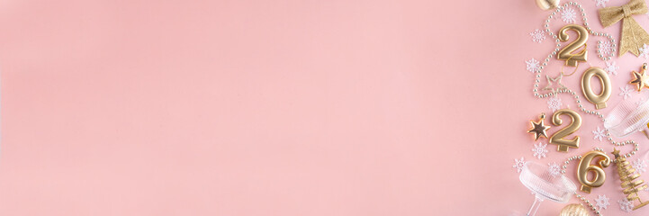 New year 2026 celebration greeting card background Gold numbers 2026 with golden party decoration,...