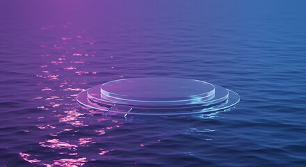 Transparent circular platform floating on water with purple and blue lighting reflections