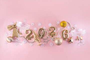 New year 2026 celebration greeting card background Gold numbers 2026 with golden party decoration, stars confetti on pink background. Flat lay, Merry Christmas, Noel happy New Year holidays banner 