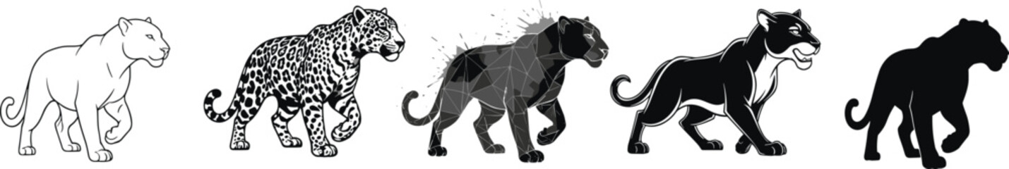 Stylized walking panthers — five artistic interpretations including line art, spotted texture, geometric, graphic logo, and silhouette styles