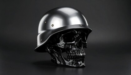 3D render of a skull wearing a polished metal helmet