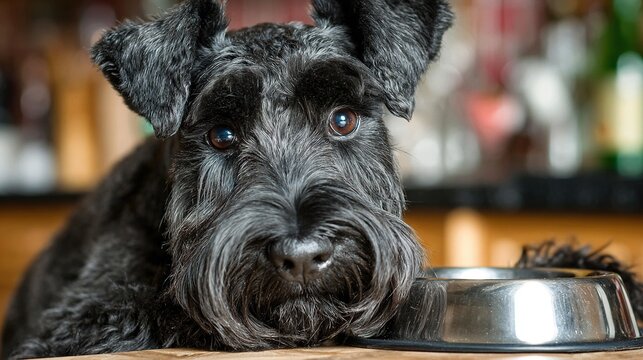 Close-up of black schnauzer dog with expressive eyes resting head beside shiny empty metal bowl in cozy indoor portrait waiting for food - Powered by Adobe