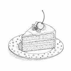 Slice of cake with cherry and mint leaves on a decorative plate  