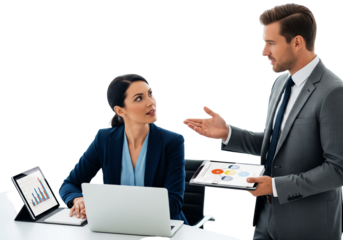 Business Presentation with Data Charts in Office Setting on White Background