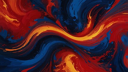 Vibrant abstract swirls of red, orange, and blue paint, creating a dynamic and energetic composition.