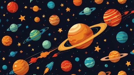 Vibrant cartoon planets and stars in deep space, perfect for educational or whimsical themes.
